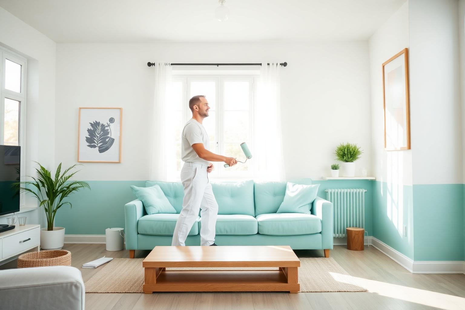 Professional painter rolling fresh paint in a bright Anaheim home